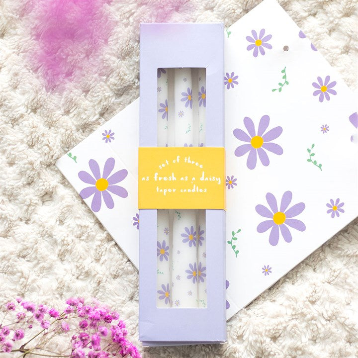 Set of 3 Purple Daisy Taper Candles 26cm x 2.5cm
