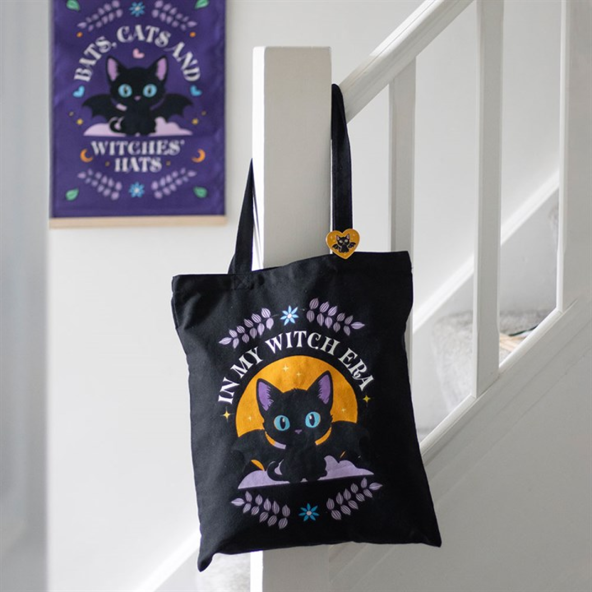 In My Witch Era Bat Cat Polycotton Tote Bag with Enamel Pin 34cm