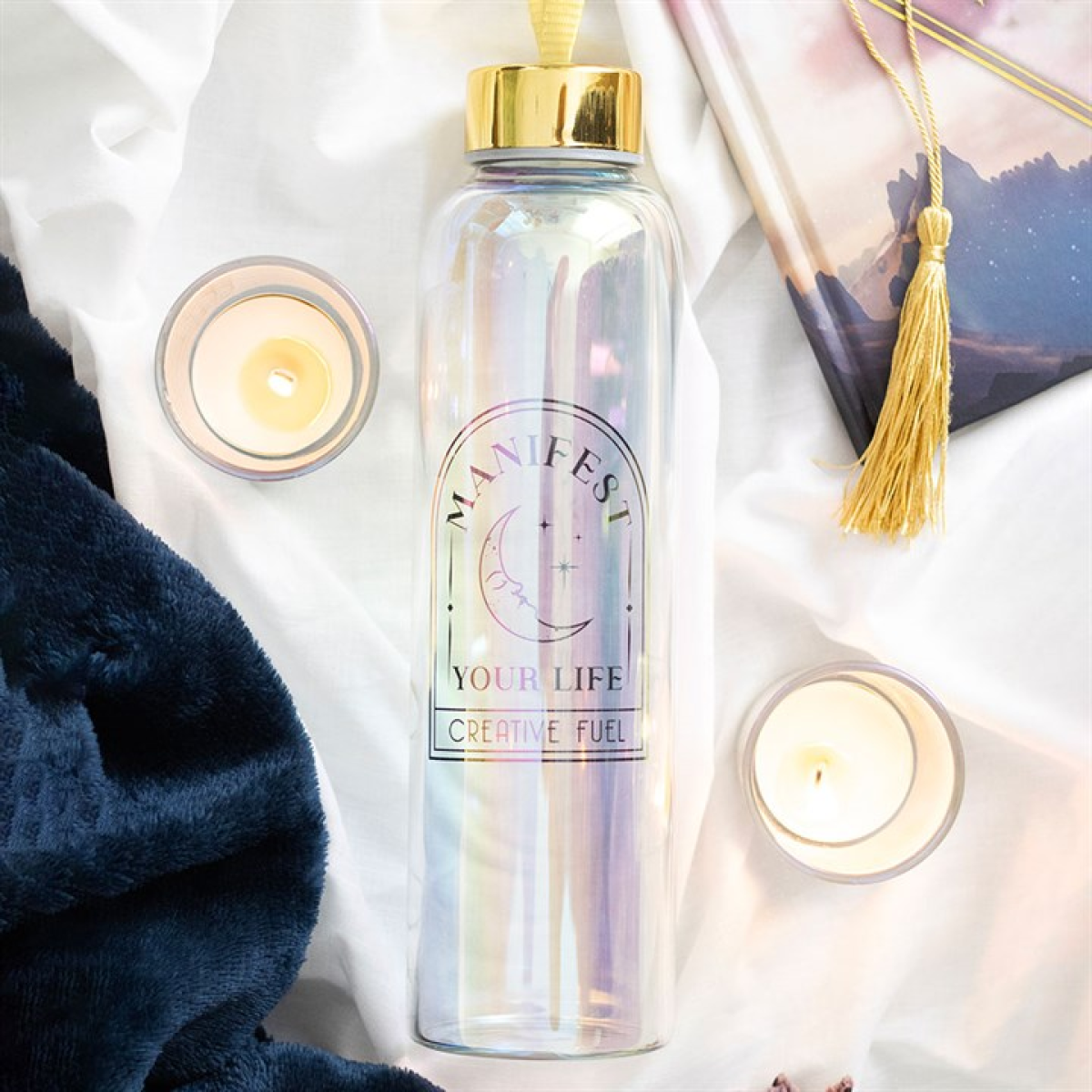 Manifest Your Life Iridescent Glass Water Bottle 23.5cm