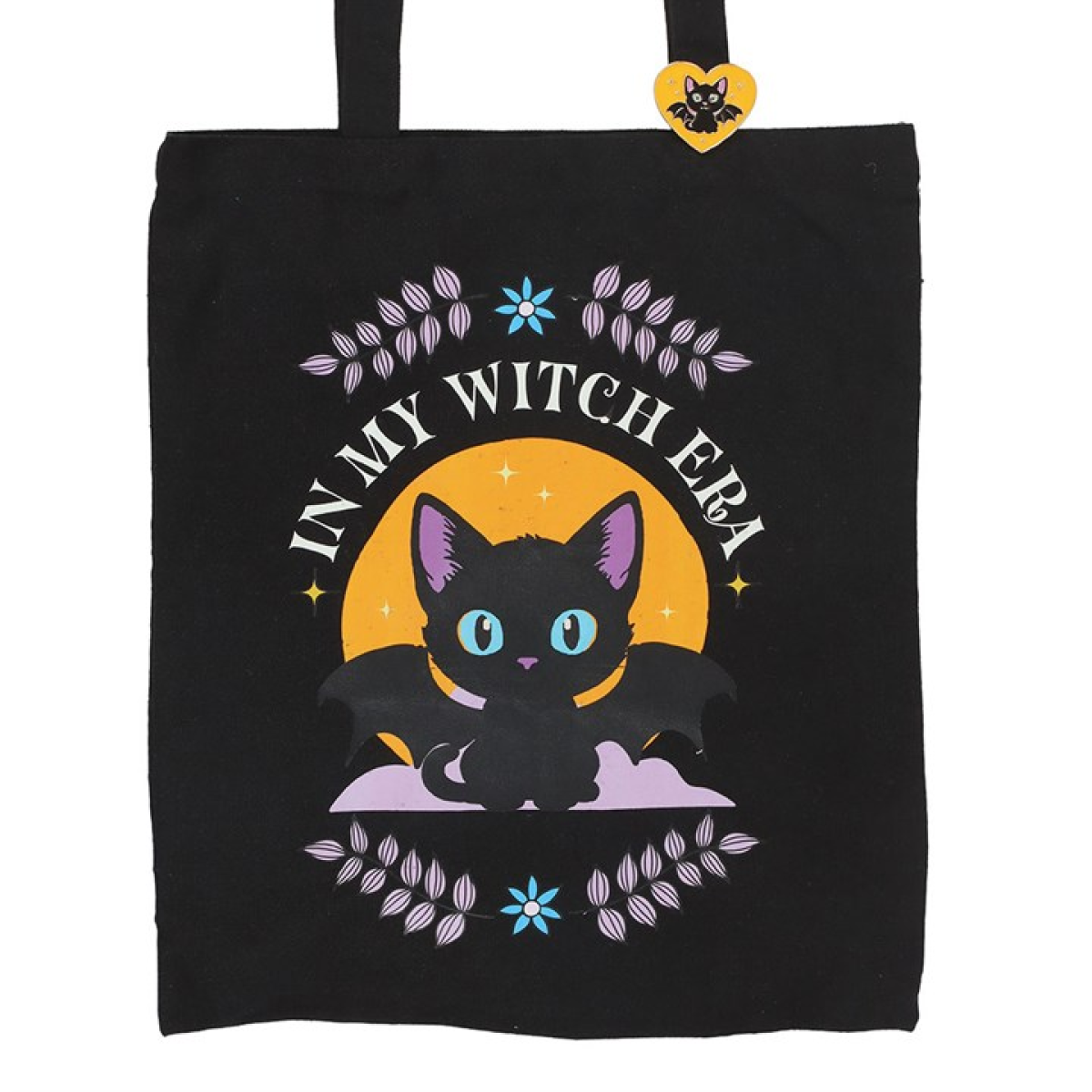 In My Witch Era Bat Cat Polycotton Tote Bag with Enamel Pin 34cm