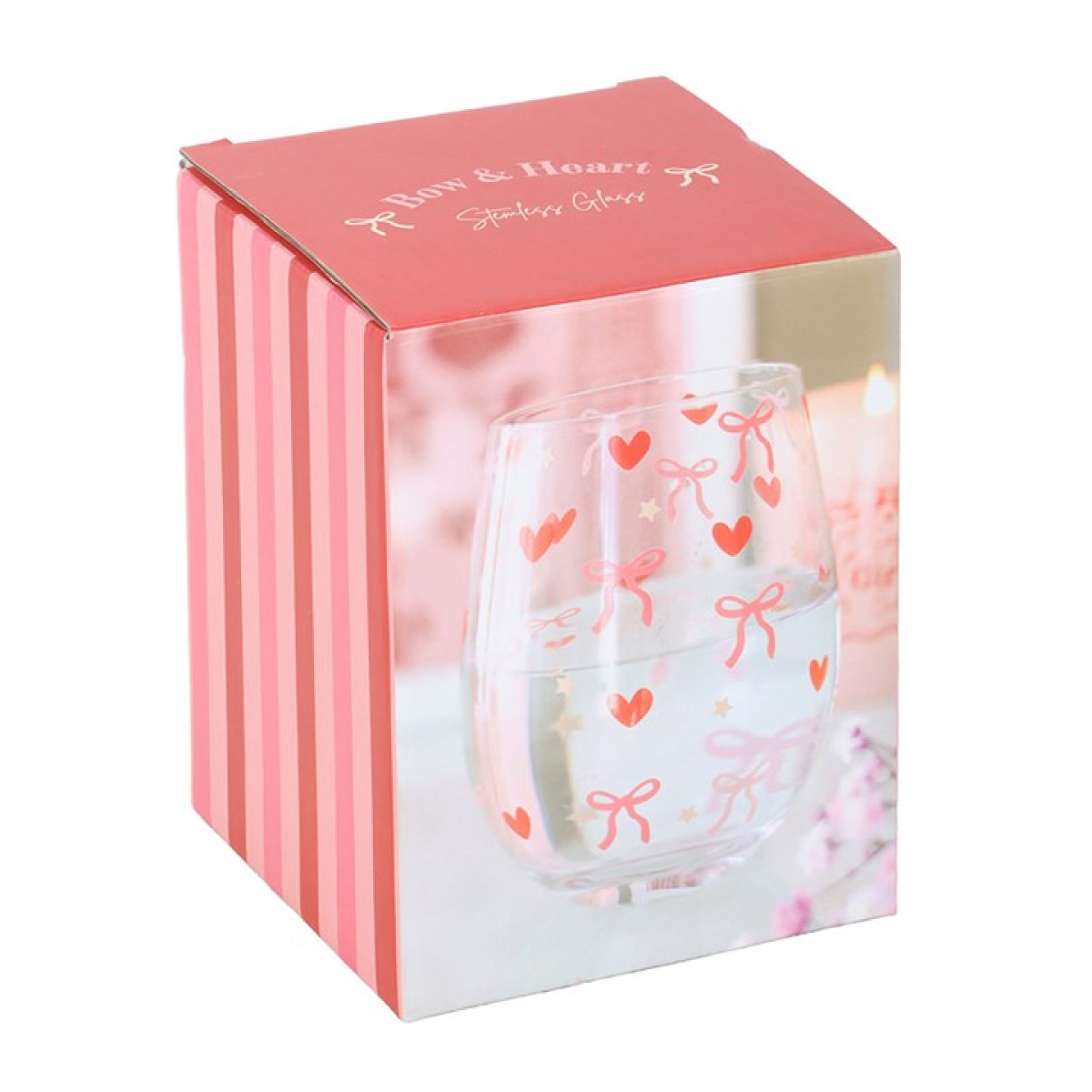Bow and Heart Print Stemless Glass 12cm