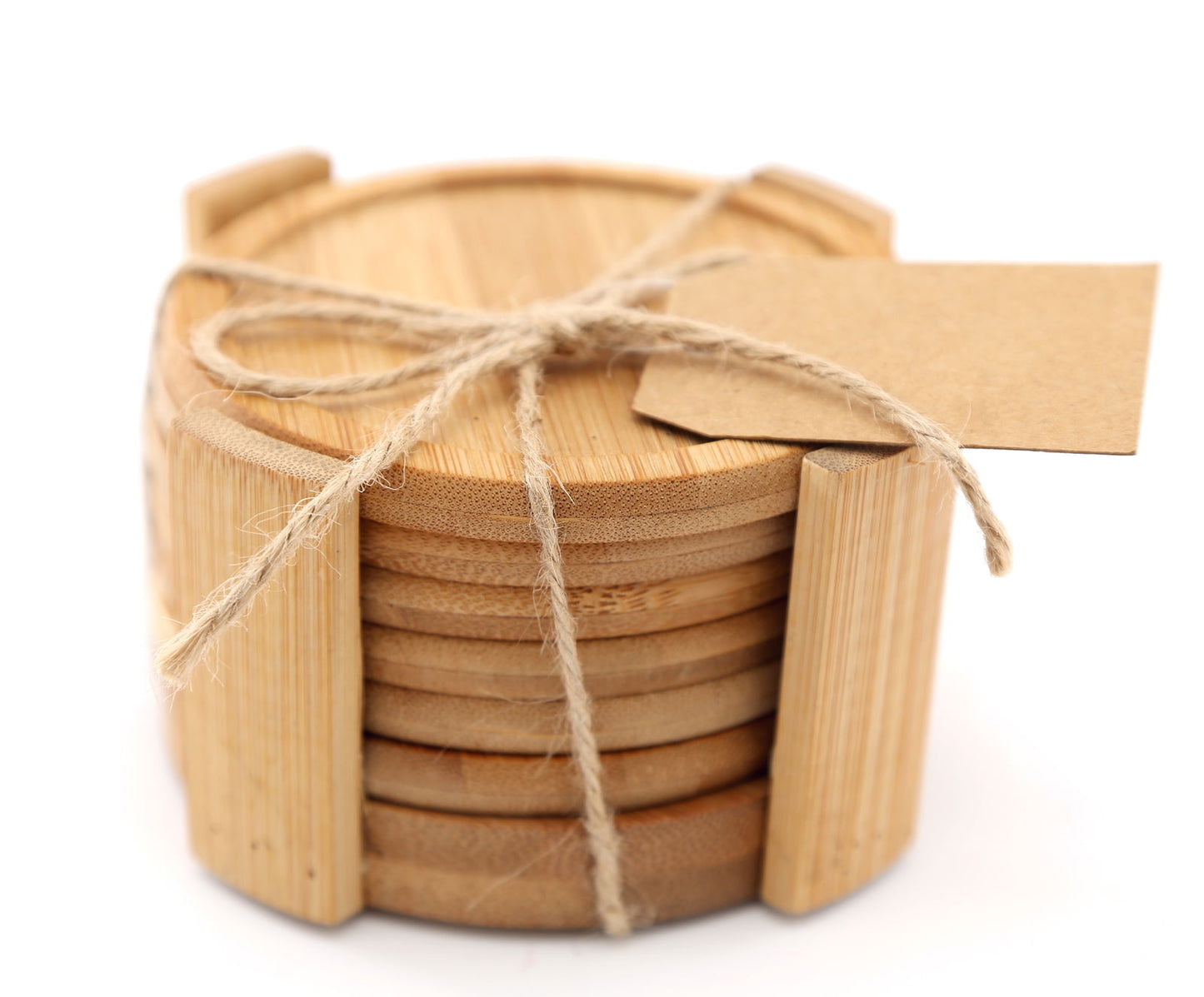 Set Of 6 Round Bamboo Coasters With Holder 12cm