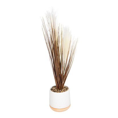 Artificial Grasses In A White Pot With White Feathers - 50cm