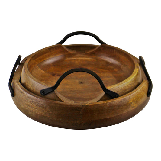 Set Of 2 Mango Wood Bowls With Metal Handles