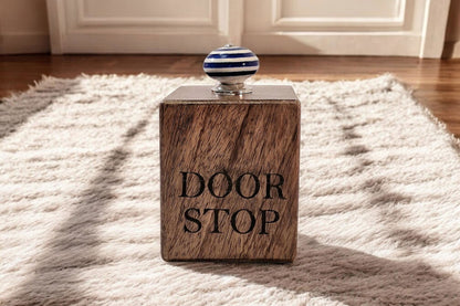 Mango Wood Doorstop With Blue Ceramic Knob