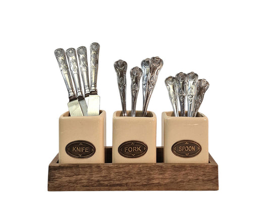 Knife, Fork & Spoon Ceramic Holder Set, with Mango Wood Tray