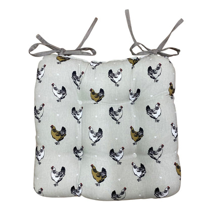 Padded Seat Pad With Ties With A Chicken Print Design