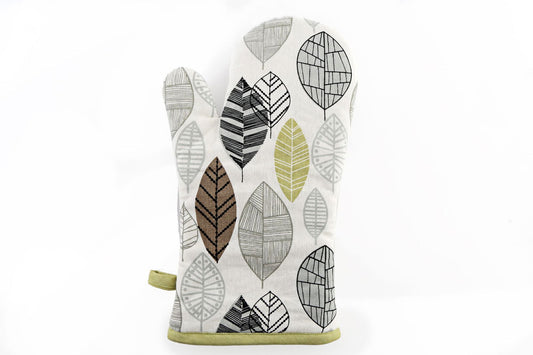 Kitchen Oven Glove With Contemporary Green Leaf Print Design