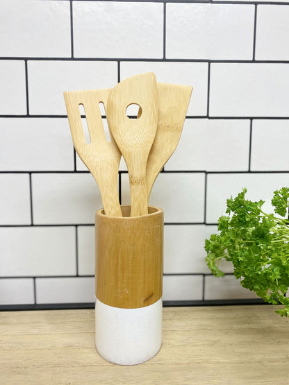 Six Piece Wooden Utensils with Round Holder