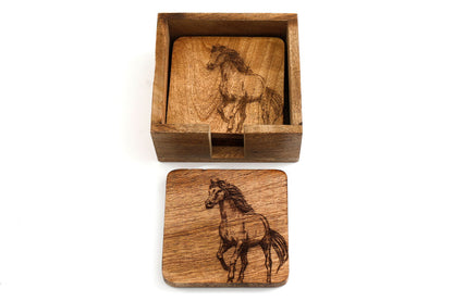 Set Of Four Wooden Engraved Horse Coasters