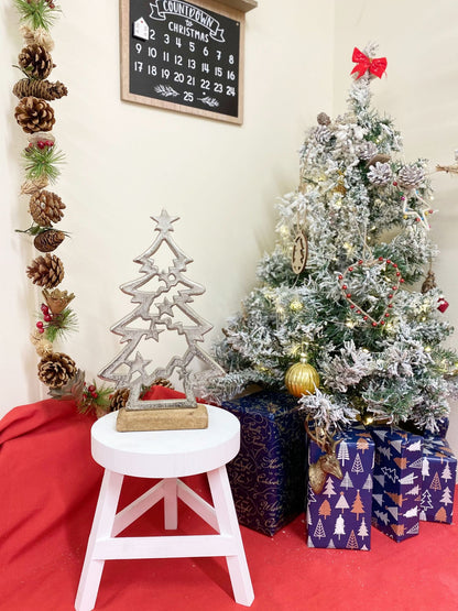 Silver Christmas Tree & Stars On Wooden Base