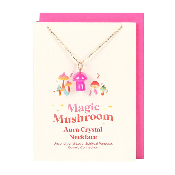 Pink Aura Crystal Mushroom Necklace Greeting Card 2.4cm