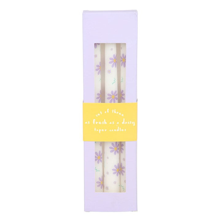 Set of 3 Purple Daisy Taper Candles 26cm x 2.5cm