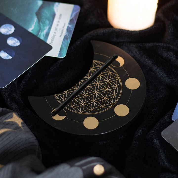 Black Flower of Life Crescent Moon Tarot Card Stand 11cm
