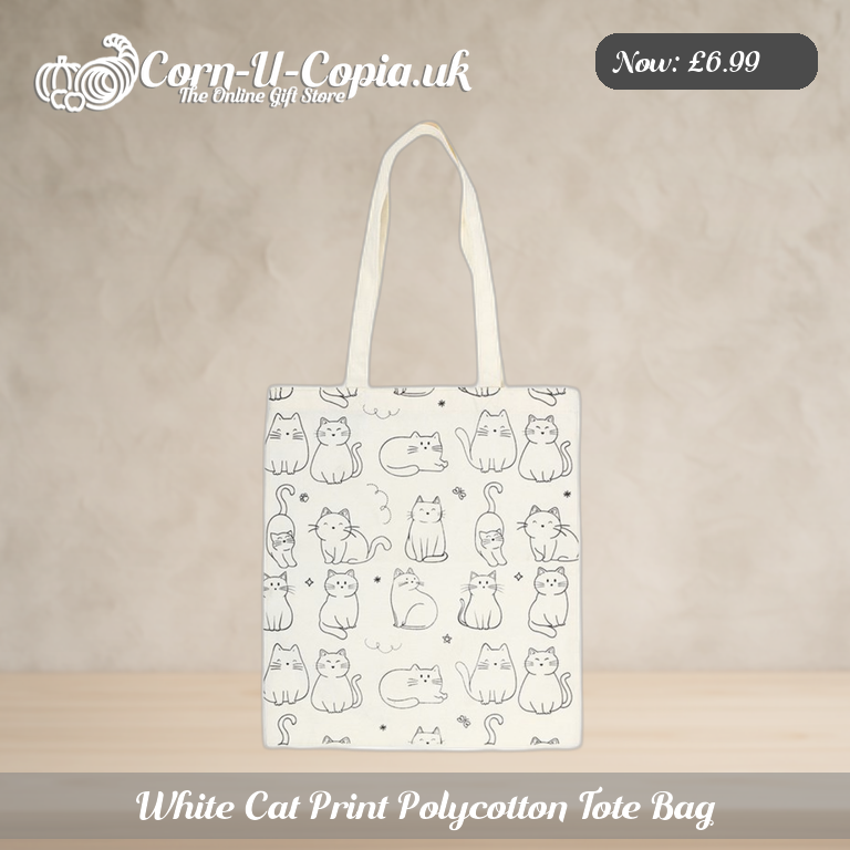 White Cat Print Polycotton Tote Bag Ad 1