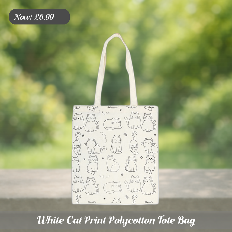 White Cat Print Polycotton Tote Bag Ad 5