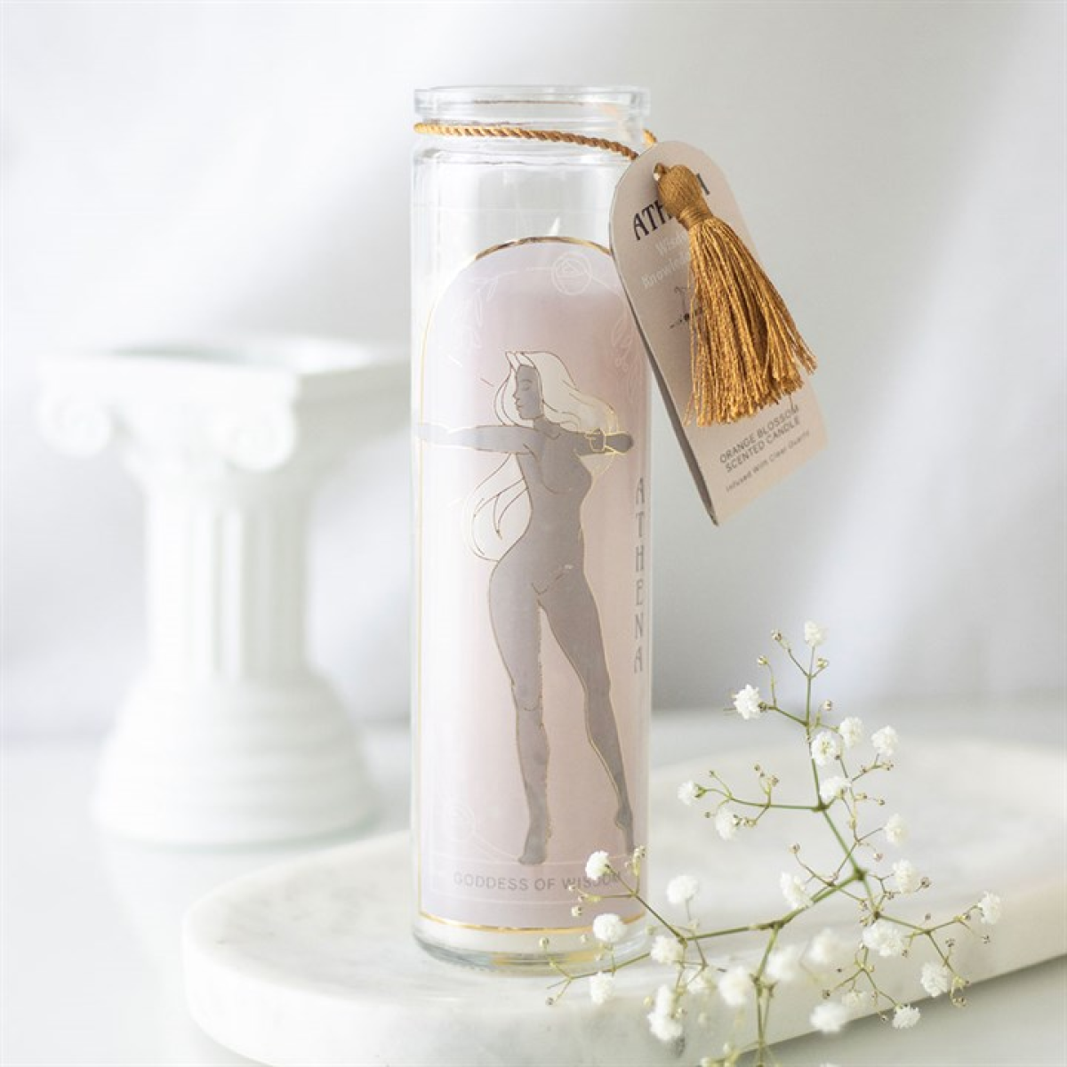 Athena Goddess Tube Candle with Clear Quartz Crystals 21cm