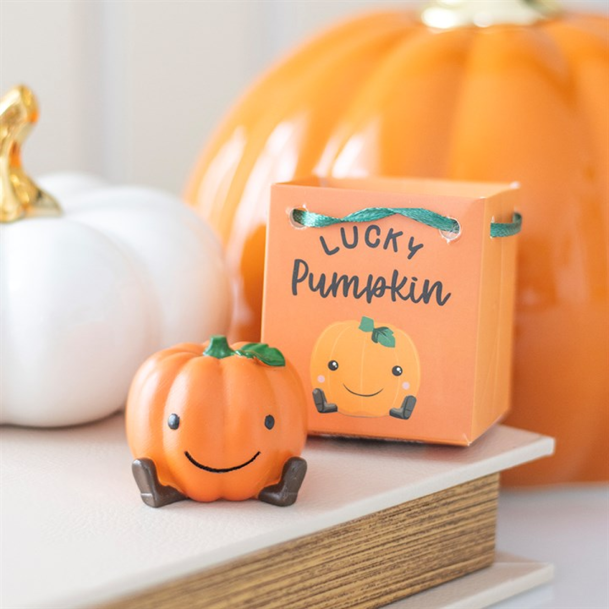 Set of 16 Cute Lucky Pumpkin Ornaments in Display