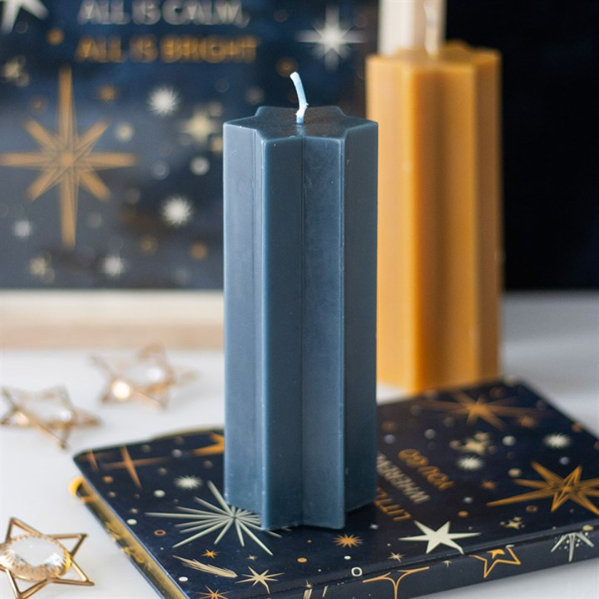 Navy Starry Night Star Shaped Taper Candle 15cm