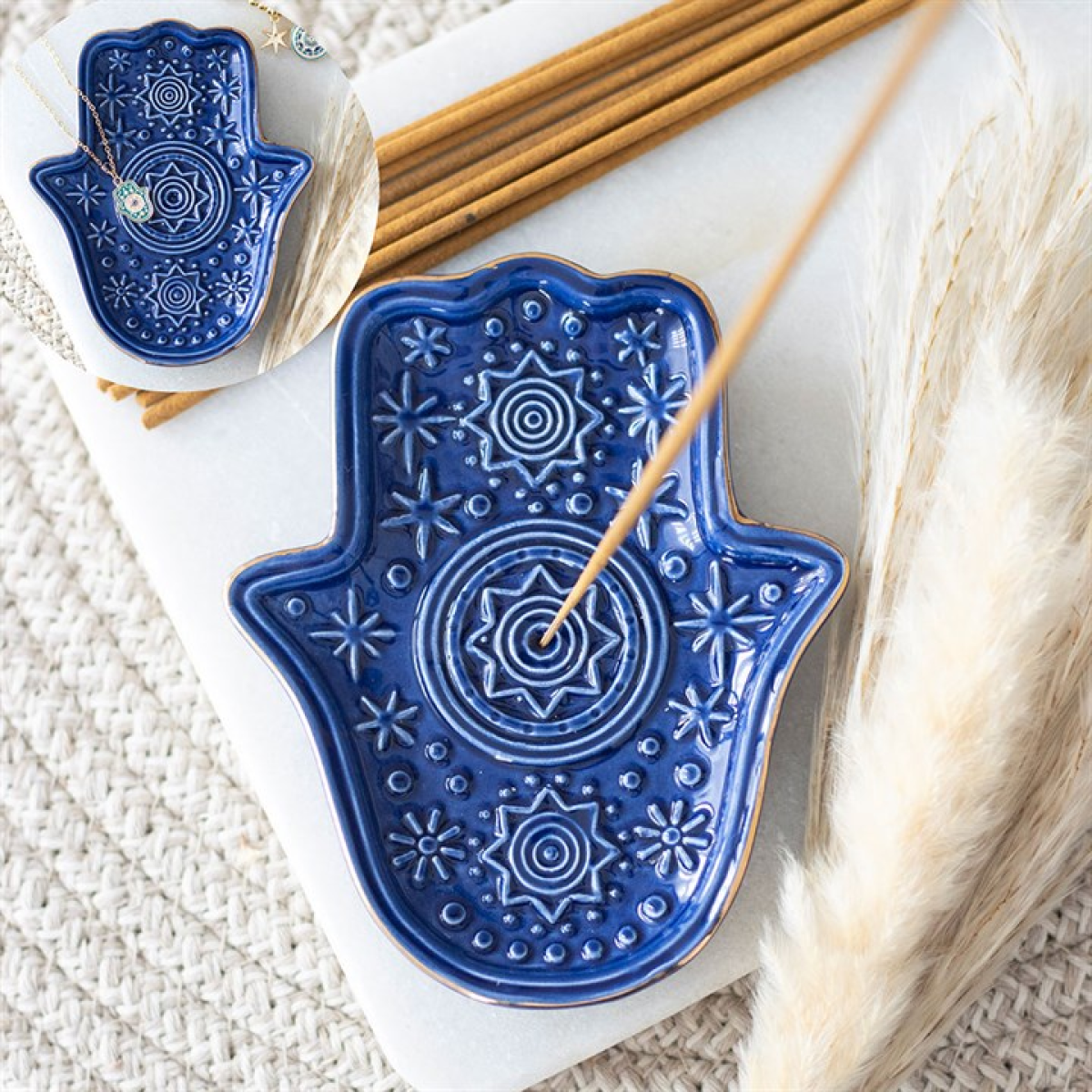 Dark Blue Hand of Hamsa Incense Holder and Trinket Dish 12cm